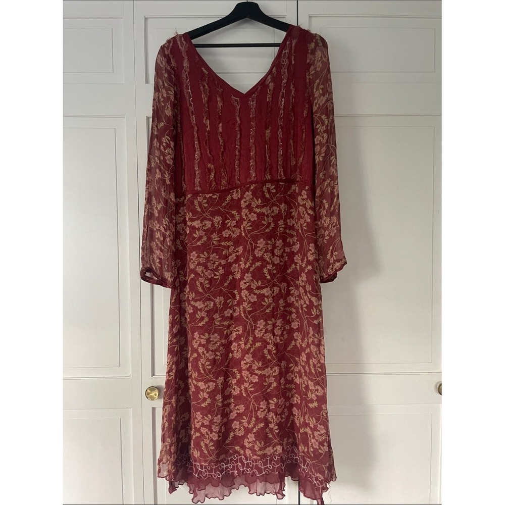 Karavan Midi Dress Chiffon Floral V-Neck Size L Cottagecore Burgundy Long Sleeve